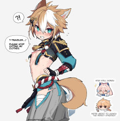 Rule 34 | !?, 1girl, 2boys, absurdres, aether (genshin impact), animal ears, armor, bandages, blonde hair, blue hair, blush, brown hair, clenched teeth, closed eyes, commentary, dog boy, dog ears, dog tail, earrings, english commentary, english text, fingerless gloves, genshin impact, gloves, gorou (genshin impact), grey background, hair between eyes, hair ornament, highres, instanttnoodle, japanese armor, japanese clothes, jewelry, multicolored hair, multiple boys, nipples, pink hair, simple background, single earring, sparkle, sweat, tail, tassel, tears, teeth, torn clothes, trap, twitter username, white hair