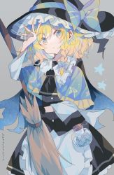 Rule 34 | 1girl, apron, black dress, blonde hair, blue bow, blush, bow, braid, broom, buttons, collar, cowboy shot, dress, frilled collar, frills, grey background, hair bow, hand up, hat, hat bow, highres, kirisame marisa, long sleeves, looking at viewer, medium hair, single braid, star (symbol), touhou, umemaro (siona0908), waist apron, white bow, witch hat, yellow eyes