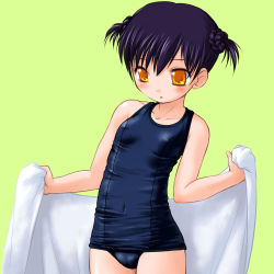 Rule 34 | 1girl, black hair, black one-piece swimsuit, black school swimsuit, blush, bosshi, breasts, collarbone, covered erect nipples, green background, highres, looking down, one-piece swimsuit, open mouth, school swimsuit, short hair, small breasts, standing, swimsuit, towel, twintails, yellow eyes