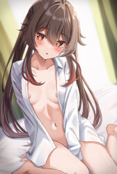 Rule 34 | 1girl, areola slip, bare legs, barefoot, between legs, blurry, blurry background, blush, breasts, brown hair, censored, collarbone, flower-shaped pupils, genshin impact, hair between eyes, hand between legs, highres, hu tao (genshin impact), long bangs, long hair, looking at viewer, mosaic censoring, naked shirt, navel, on bed, open mouth, red eyes, shirt, sitting, small breasts, solo, symbol-shaped pupils, thalia, twintails, wariza