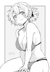 Rule 34 | 1girl, bikini, blush, breasts, closed mouth, collarbone, commentary request, dated, grey background, greyscale, highres, kichihachi, large breasts, looking at viewer, monochrome, original, short hair, sitting, smile, solo, swimsuit, thighs, twitter username, two-tone background, white background