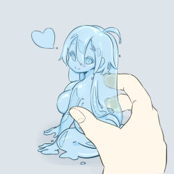Rule 34 | 1girl, ahoge, ass, breasts, grey background, heart, long hair, looking at viewer, mini person, minigirl, mirinsoup, monster girl, original, simple background, sitting, slime girl, smile