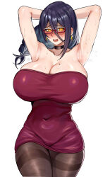 Rule 34 | 1girl, absurdres, armpits, arms up, bare shoulders, black hair, blush, braid, breasts, breath, celyn404, choker, cleavage, daisy (celyn404), dress, earrings, glasses, highres, huge breasts, jewelry, looking at viewer, mole, mole on breast, open mouth, original, pantyhose, simple background, solo, sweat, tight clothes, tight dress, yellow eyes