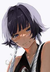 Rule 34 | 1girl, bare shoulders, black hair, bleach, blue eyes, blunt bangs, close-up, crying, crying with eyes open, eyelashes, highres, short hair, sleeveless, solo, sui-feng, tears, ui 1231, white background