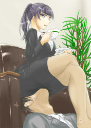 Rule 34 | 1boy, 1girl, ass, black hair, breasts, cup, femdom, highres, large breasts, long hair, open mouth, ponytail, purple eyes, shinzanmono, sitting, sitting on face, sitting on person, skirt, thighs