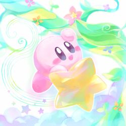 Rule 34 | :d, above clouds, arm up, bean stalk, blue eyes, blush, blush stickers, cloud, commentary request, dreamstalk, flower, highres, kirby, kirby (series), leaf, nintendo, no humans, open mouth, pink flower, riding, smile, solo, star (symbol), stern (stern dream), warp star