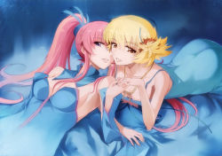 Rule 34 | 2girls, aqua dress, ass, bare shoulders, blonde hair, blue background, blue detached collar, blue detached sleeves, blue dress, breasts, brown eyes, cagalli yula athha, cleavage, collarbone, couple, detached collar, detached sleeves, dress, female focus, grin, gundam, gundam seed, hair between eyes, hair ornament, hair ribbon, holding hands, imminent kiss, interlocked fingers, jewelry, lacus clyne, lips, long hair, looking at viewer, lying, medium breasts, miyo (13th floor), multiple girls, neck, necklace, on back, on stomach, parted lips, pink hair, purple eyes, ribbon, short hair, sidelocks, small breasts, smile, strapless, strapless dress, twintails, yuri