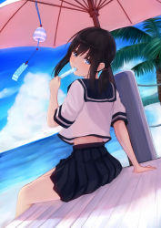 Rule 34 | 10s, 1girl, 96tuki, arm support, beach, black eyes, black hair, black skirt, cloud, day, eating, food, fubuki (kancolle), head tilt, highres, horizon, ice cream, kantai collection, looking at viewer, looking back, ocean, open mouth, outdoors, palm tree, pleated skirt, ponytail, popsicle, revision, school uniform, serafuku, sitting, skirt, sky, solo, summer, tree, water, wind chime