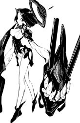 Rule 34 | 1girl, abyssal ship, adapted costume, bags under eyes, commentary request, dark persona, greyscale, halo, kantai collection, looking at viewer, mechanical halo, monochrome, oversized limbs, short hair, solo, solopipb, tatsuta (kancolle), teeth