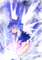 Rule 34 | 1girl, barefoot, blue eyes, blue hair, bow, cirno, hair bow, ice, ice wings, matching hair/eyes, naughty face, racer (magnet), short hair, solo, touhou, wings