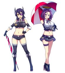 Rule 34 | 10s, 2girls, adapted costume, ankle boots, black footwear, boots, breasts, closed umbrella, crossed legs, eyepatch, food, fruit, kantai collection, knee boots, large breasts, miniskirt, multiple girls, peach88, purple eyes, purple hair, race queen, short hair, shorts, simple background, skirt, standing, tatsuta (kancolle), tenryuu (kancolle), thighhighs, umbrella, watson cross, white background, yellow eyes