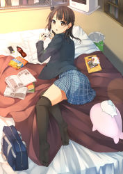 Rule 34 | 1girl, :o, bag, bed, black hair, black thighhighs, blazer, blush, book, bottle, braid, brown eyes, cellphone, chips (food), coca-cola, controller, dualshock, feet, food, futon, game controller, gamepad, jacket, lens flare, looking at viewer, looking back, lying, no shoes, on side, open book, original, over-kneehighs, phone, pillow, plaid, plaid skirt, playing games, playstation controller, potato chips, revision, school bag, school uniform, skirt, smartphone, soda, soda bottle, solo, stuffed toy, thighhighs, trash can, unasaka ryou, zettai ryouiki