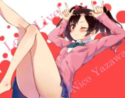 Rule 34 | 10s, 1girl, ;), \m/, black hair, blush, bow, character name, copyright name, double \m/, hair bow, highres, legs, looking at viewer, love live!, love live! school idol project, merumayu, nico nico nii, one eye closed, red eyes, school uniform, short hair, smile, solo, thighs, twintails, yazawa nico, ytk (yutta-p)