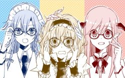 Rule 34 | 3girls, :d, :o, adapted costume, adjusting eyewear, alice margatroid, bad id, bad twitter id, bat wings, bespectacled, blue theme, blush, bow, braid, capelet, commentary request, embarrassed, eyes visible through hair, fang, glasses, gloves, hair between eyes, hair bow, hair ribbon, hairband, halftone, halftone background, hand on another&#039;s head, hands on own cheeks, hands on own face, head wings, headpat, izayoi sakuya, koakuma, long hair, looking at viewer, maid, maid headdress, medium hair, monochrome, multiple girls, necktie, open mouth, pointy ears, red theme, ribbon, semi-rimless eyewear, shibi (asagi nezumi), short hair, sidelocks, smile, touhou, tress ribbon, twin braids, under-rim eyewear, v, wavy mouth, wings, wrist cuffs, yellow theme
