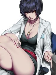 Rule 34 | 10s, 1girl, absurdres, black hair, breasts, brown eyes, choker, cleavage, collarbone, highres, jewelry, kumiko shiba, lab coat, looking at viewer, medium breasts, nail polish, necklace, parted lips, persona, persona 5, short hair, sitting, smile, solo, takemi tae, thighs