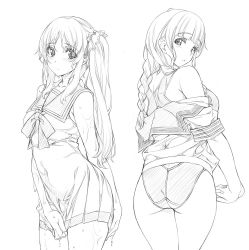 Rule 34 | 2girls, ass, blush, braid, commentary request, company connection, competition swimsuit, covered navel, covering privates, covering crotch, cowboy shot, crossover, dress, greyscale, hair ribbon, hanasaku iroha, hiradaira chisaki, looking at viewer, looking back, monochrome, multiple girls, nagayori, nagi no asukara, one-piece swimsuit, oshimizu nako, p.a. works, ribbon, sailor dress, school uniform, side ponytail, sidelocks, sketch, swimsuit, swimsuit under clothes, twin braids, wet