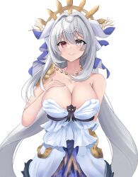 Rule 34 | 1girl, alchemy stars, armpit crease, breasts, cleavage, closed mouth, connolly (alchemy stars), connolly (aquatic reverie) (alchemy stars), dress, eyebrows hidden by hair, grey eyes, grey hair, hair between eyes, hand on own chest, heterochromia, highres, jewelry, large breasts, light blush, long hair, looking at viewer, namomihagi010, necklace, pearl hair ornament, pearl necklace, red eyes, simple background, smile, solo, strapless, strapless dress, twintails, upper body, very long hair, white dress