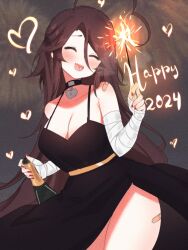 Rule 34 | 1girl, 2024, ahoge, bandaged arm, bandages, bandaid, bandaid on leg, bare shoulders, black choker, black dress, blush, breasts, brown hair, champagne bottle, choker, cleavage, closed eyes, collarbone, cowboy shot, dress, fireworks, hair between eyes, happy new year, heart, heart ahoge, heart pendant, highres, huge ahoge, large breasts, leaning forward, long hair, new year, open mouth, original, parted bangs, pendant choker, red nails, side slit, simple background, sky above me, smile, solo, sparkler, very long hair