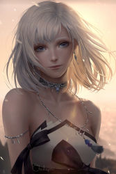 Rule 34 | 1girl, armlet, artist name, artstation sample, bare shoulders, blue eyes, blurry, blurry background, choker, chuby mi, closed mouth, collarbone, dress, earrings, final fantasy, final fantasy xiv, highres, hyur, image sample, jewelry, lips, looking at viewer, necklace, short hair, smile, solo, strapless, strapless dress, upper body, white hair, wind