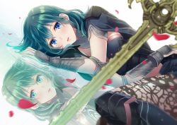 Rule 34 | 1girl, blue eyes, blue hair, boots, brown pantyhose, byleth (female) (fire emblem), byleth (fire emblem), fire emblem, fire emblem: three houses, hair between eyes, heroes relic (fire emblem), high heel boots, high heels, highres, ichino tomizuki, lace, lace-trimmed legwear, lace trim, lying, medium hair, nintendo, on side, pantyhose, pantyhose under shorts, parted lips, petals, reflection, shorts, solo, sword, sword of the creator, weapon