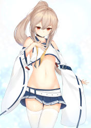 Rule 34 | 1girl, absurdres, artist request, ayanami (azur lane), azur lane, blue sailor collar, blue skirt, breasts, choker, closed mouth, cowboy shot, crop top, detached sleeves, floating hair, hair between eyes, hand on own chest, high ponytail, highres, light brown hair, long hair, looking at viewer, navel, necktie, pleated skirt, red eyes, remodel (azur lane), sailor collar, school uniform, serafuku, shiny skin, shirt, sidelocks, skirt, sleeveless, sleeveless shirt, small breasts, solo, standing, stomach, thighhighs, underboob, undone necktie, white shirt, white thighhighs, wide sleeves, yellow neckwear, zettai ryouiki