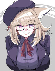 Rule 34 | 1girl, :p, animal ear fluff, animal ears, arknights, beret, blonde hair, bow, bowtie, breasts, character name, commentary, dated, glasses, gnome (gnome 0000), grey background, hat, highres, jacket, large breasts, looking at viewer, purple eyes, purple hat, purple jacket, red bow, red bowtie, short hair, simple background, solo, tongue, tongue out, upper body, utage (arknights), utage (disguise) (arknights)