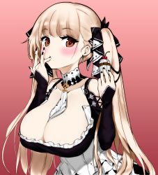 Rule 34 | 1girl, azur lane, between breasts, blush, breasts, cleavage, colorized, cupcake, detached sleeves, dress, earrings, food, formidable (azur lane), gradient background, hair ribbon, hori (hori no su), jewelry, large breasts, licking, licking finger, long hair, looking at viewer, maid, ribbon, satansoft1, self-upload, solo, twintails