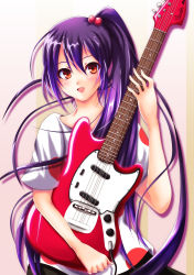 Rule 34 | 1girl, female focus, gradient background, guitar, highres, instrument, k-on!, kose, listen!!, long hair, nakano azusa, orange eyes, polka dot, purple hair, side ponytail, solo
