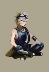 Rule 34 | 1boy, black gloves, black pants, blonde hair, blue eyes, blue hair, fingerless gloves, gloves, goggles, goggles on head, grin, hair between eyes, heterochromia, highres, jewelry, kagamine len, lightning stone (module), looking at viewer, multicolored hair, necklace, nunosei, pants, project diva (series), red eyes, short hair, simple background, skull print, smile, solo, spiked hair, streaked hair, tank top, vocaloid