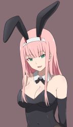Rule 34 | 1girl, :d, animal ears, black leotard, black ribbon, black sleeves, blunt bangs, breasts, brown background, cleavage, collarbone, darling in the franxx, detached collar, detached sleeves, fake animal ears, green eyes, hairband, horns, leotard, lizta, long hair, long sleeves, looking at viewer, medium breasts, neck ribbon, open mouth, pink hair, playboy bunny, rabbit ears, rabbit girl, ribbon, shiny skin, simple background, smile, solo, strapless, strapless leotard, upper body, white hairband, wing collar, zero two (darling in the franxx)