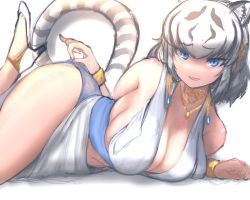 Rule 34 | 1girl, animal ears, bare shoulders, black hair, blue eyes, breasts, cat girl, cleavage, colored inner hair, extra ears, fang, foot up, furrowed brow, hair ornament, halterneck, harem outfit, high heels, highres, kemono friends, kemono friends 3, large breasts, looking at viewer, lying, medium hair, multicolored hair, navel, official alternate costume, on stomach, open mouth, pinky out, shibori kasu, sideboob, sidelocks, skindentation, slit pupils, smile, solo, stomach, streaked hair, tail, tiger ears, tiger girl, tiger tail, two-tone hair, white hair, white tiger (kemono friends)