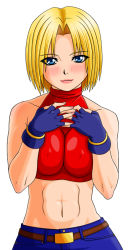 Rule 34 | 1girl, abs, bad id, bad pixiv id, bare shoulders, belt, blonde hair, blue eyes, blue mary, blush, breasts squeezed together, breasts, fatal fury, fingerless gloves, gloves, large breasts, lipstick, makani kohitujito, makeup, midriff, muscular, nail polish, pink nails, short hair, smile, snk, solo, the king of fighters