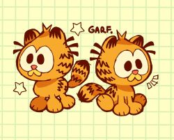 Rule 34 | animal focus, black eyes, cat, character name, commentary, english commentary, garfield, garfield (character), grid background, multiple views, no humans, notice lines, orange cat, simple background, sitting, star (symbol), tail, the noodle (onebadnoodle), yellow background