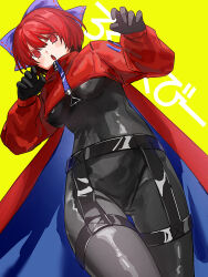 Rule 34 | 1girl, adapted costume, akatsuki records, alternate costume, annindofu umaaa, black bodysuit, black gloves, blue cape, bodysuit, bow, cape, closed mouth, cropped jacket, dress, feet out of frame, gloves, hair bow, hands up, jacket, latex, latex bodysuit, latex dress, latex legwear, latex suit, long sleeves, looking at viewer, medium hair, purple bow, red cape, red eyes, red hair, red jacket, rock &#039;n&#039; rock &#039;n&#039; beat, sekibanki, skin tight, skin tight suit, solo, touhou, two-sided cape, two-sided fabric, yellow background