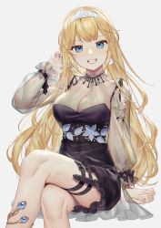 Rule 34 | 1girl, black dress, blonde hair, blue eyes, breasts, cleavage, commentary, crossed legs, dress, earrings, feet out of frame, grin, hand up, highres, hololive, hololive english, jewelry, large breasts, long hair, long sleeves, looking at viewer, mole, mole on breast, see-through, simple background, sitting, smile, solo, thigh strap, tiara, very long hair, virtual youtuber, watch, watson amelia, watson amelia (party dress), wenz, white background, wristwatch