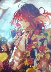 Rule 34 | 1boy, closed eyes, fate/grand order, fate (series), fish, goggles, goggles around neck, hawaiian shirt, long hair, morii shizuki, nipples, official alternate costume, official art, open clothes, open shirt, red hair, shirt, tristan (fate), underwater