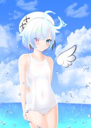 Rule 34 | 1girl, amemiya nazuna, angel wings, arms behind back, blue eyes, blue sky, breasts, cloud, commentary request, commission, covered navel, day, earrings, hair ornament, halo, heterochromia, highres, horizon, jewelry, key, looking at viewer, ocean, one-piece swimsuit, outdoors, pink eyes, pixiv commission, school swimsuit, short hair, single wing, sky, small breasts, solo, surgate matias, swimsuit, virtual youtuber, vshojo, water drop, white hair, white headwear, white one-piece swimsuit, wings, x hair ornament