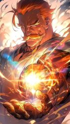 Rule 34 | 1boy, embers, energy ball, escanor, facial hair, fiery aura, fire, formal, gloves, highres, holding, jeremy moore, looking at viewer, male focus, muscular, mustache, nanatsu no taizai, outstretched arm, outstretched hand, pyrokinesis, shirt, short hair, solo, suit, sun, upper body