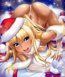 Rule 34 | 1girl, all fours, aoi nagisa (metalder), ass, bare legs, bare shoulders, blonde hair, blue eyes, blush, boots, breasts, christmas, dark-skinned female, dark skin, female focus, futaba lili ramses, hat, highres, legs, leotard, lilith-soft, long hair, looking at viewer, magical girl, nipples, open mouth, santa hat, shiny skin, small breasts, solo, spread legs, taimanin (series), taimanin asagi kessen arena, tentacle and witches, thong leotard, twintails