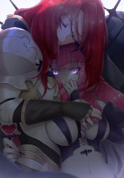 Rule 34 | 1boy, 1girl, armor, black gloves, black nails, bracelet, breasts, circlet, cloak, detached sleeves, closed eyes, baobhan sith (fate), fate/grand order, fate (series), fur trim, gloves, grey eyes, hair between eyes, hair over mouth, hamumagu, hand on another&#039;s hip, head tilt, hug, jewelry, knight, large breasts, long hair, long sleeves, looking at viewer, nail polish, navel, pink hair, red hair, revealing clothes, slit pupils, stomach, string, tristan (fate), upper body, white armor, white cloak