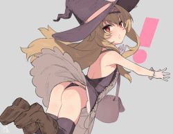 Rule 34 | !, 1girl, ass, bag, black thighhighs, blonde hair, blush, boots, brown footwear, dress, gloves, grey background, hairband, hat, little witch nobeta, long hair, nobeta, panties, pantyshot, red eyes, rkrk, signature, simple background, solo, thighhighs, underwear, white gloves, witch hat
