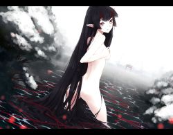 Rule 34 | 1girl, ass, back, black hair, demon girl, horns, koto (kotocotton), letterboxed, long hair, looking back, nude, oni, original, pointy ears, red eyes, snow, solo, very long hair, water