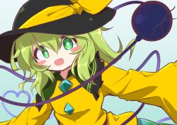 Rule 34 | 1girl, artist request, black hat, blouse, blush stickers, buttons, collared shirt, diamond button, eyeball, frilled shirt collar, frills, green eyes, green hair, green skirt, hair between eyes, hat, heart, heart of string, highres, komeiji koishi, long sleeves, open mouth, ribbon, shirt, simple background, skirt, solo, third eye, touhou, wavy hair, white background, wide sleeves, yellow ribbon, yellow shirt