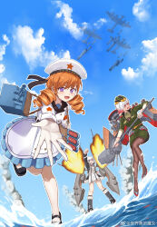 3girls aircraft airplane anqiao_de_monv blue_eyes cloud day dress drill_hair fighter_jet gradient_hair hat highres jet long_hair machinery military military_uniform military_vehicle multicolored_hair multiple_girls ocean open_mouth orange_hair pantyhose purple_eyes red_eyes red_hair short_hair sky smoke sovetsky_soyuz_(warship_girls_r) stalingrad_(warship_girls_r) tashkent_(warship_girls_r) torpedo_launcher turret twin_drills warship_girls_r water watercraft waving weapon weibo_logo weibo_watermark white_hair