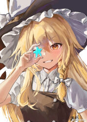 1girl absurdres arm_up black_hat black_vest blonde_hair bow braid buttons commentary_request frilled_hat frills grin hair_between_eyes hair_bow hat hat_bow highres holding holding_star kirisame_marisa long_hair looking_at_viewer one_eye_covered puffy_short_sleeves puffy_sleeves shirt short_sleeves side_braid single_braid sketch smile solo star_(symbol) touhou upper_body vest watermark weibo_logo weibo_watermark white_bow white_shirt xiaoxijino yellow_eyes