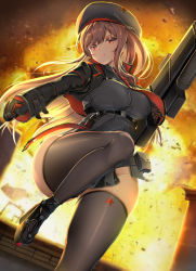 Rule 34 | 1girl, beret, black footwear, black gloves, black hat, black jacket, black thighhighs, breasts, brown hair, closed mouth, commentary request, explosion, gloves, goddess of victory: nikke, gun, hat, highres, holding, holding gun, holding weapon, jacket, large breasts, long hair, long sleeves, looking at viewer, mctom, open clothes, open jacket, outdoors, rapi (nikke), red eyes, skindentation, solo, star (symbol), star print, thick thighs, thighhighs, thighs, weapon