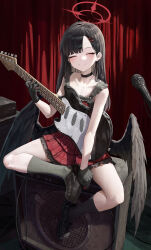 Rule 34 | 1girl, absurdres, black choker, black footwear, black gloves, black hair, black socks, black wings, blue archive, blush, choker, closed mouth, dress, electric guitar, facing viewer, feathered wings, gloves, guitar, hair ornament, hairclip, halo, highres, holding, holding instrument, hwan (verypoor), ichika (blue archive), instrument, long hair, microphone, red dress, red halo, shoes, smile, socks, solo, wings