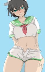 Rule 34 | 1girl, aqua background, bare legs, black hair, blue eyes, blush, collarbone, commentary request, cowboy shot, crop top, ear piercing, ginji (sakaki summer), hand on own thigh, hat, looking at viewer, midriff, murasa minamitsu, navel, one-hour drawing challenge, open fly, parted lips, piercing, sailor, sailor collar, sailor hat, sailor shirt, shirt, short hair, short shorts, short sleeves, shorts, simple background, smile, solo, thighs, touhou, white hat, white shirt, white shorts