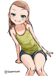 Rule 34 | 1girl, blue eyes, blue shorts, blush, brown hair, camisole, child, feet out of frame, female focus, grin, highres, leaning to the side, legs together, original, short shorts, shorts, simple background, sitting, smile, solo, tearontaron, teeth, twitter username, white background