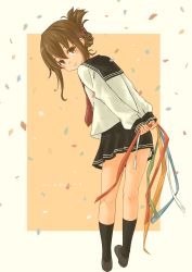 Rule 34 | 1girl, absurdres, arms behind back, ascot, black legwear, black skirt, blush, brown eyes, brown hair, commentary, confetti, hair bun, hair ornament, hairclip, highres, holding, holding ribbon, inazuma (kancolle), kantai collection, looking at viewer, looking back, pleated skirt, pot-de, red ascot, ribbon, school uniform, shoes, single hair bun, skirt, smile, solo, white stripes